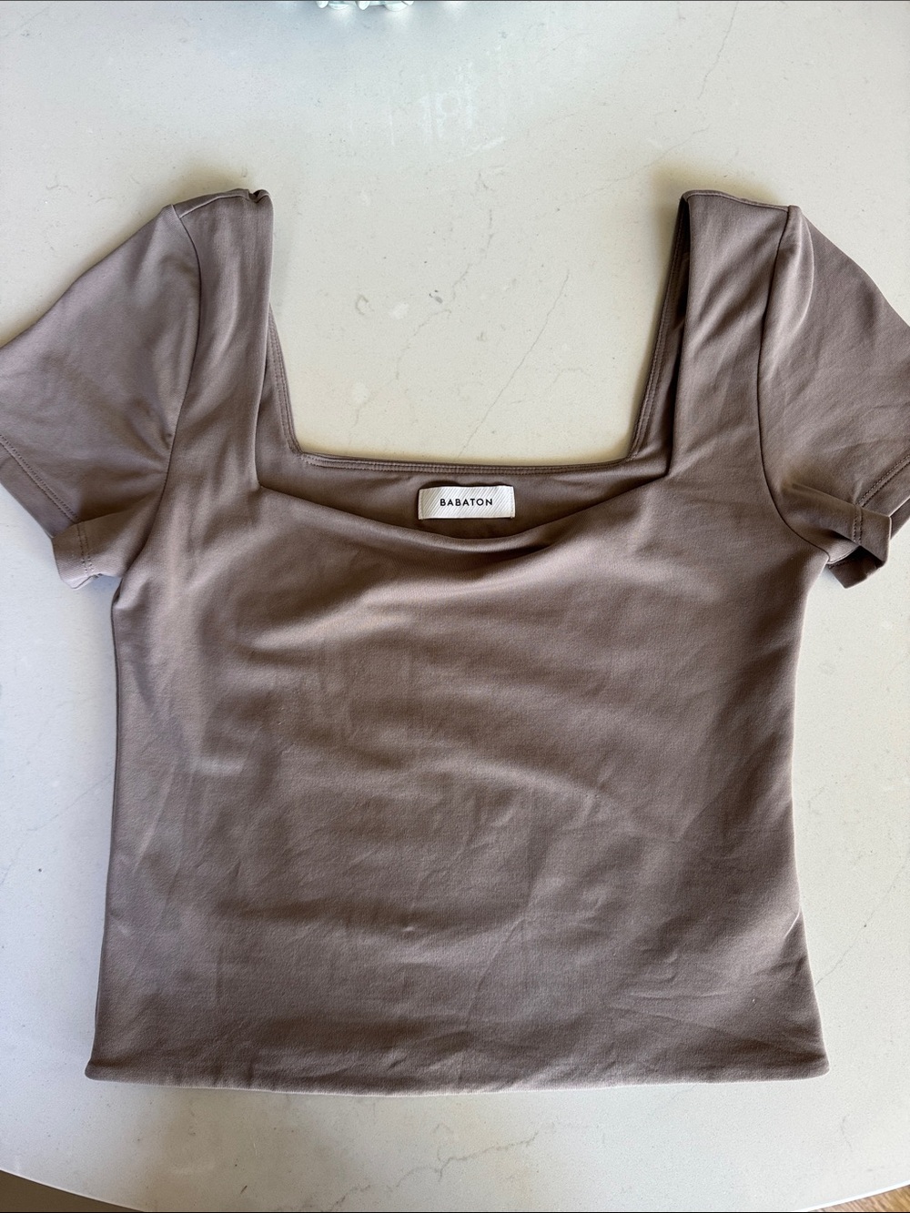 Aritzia Babaton Short Sleeve Square Neck Tee in Taupe Brown
